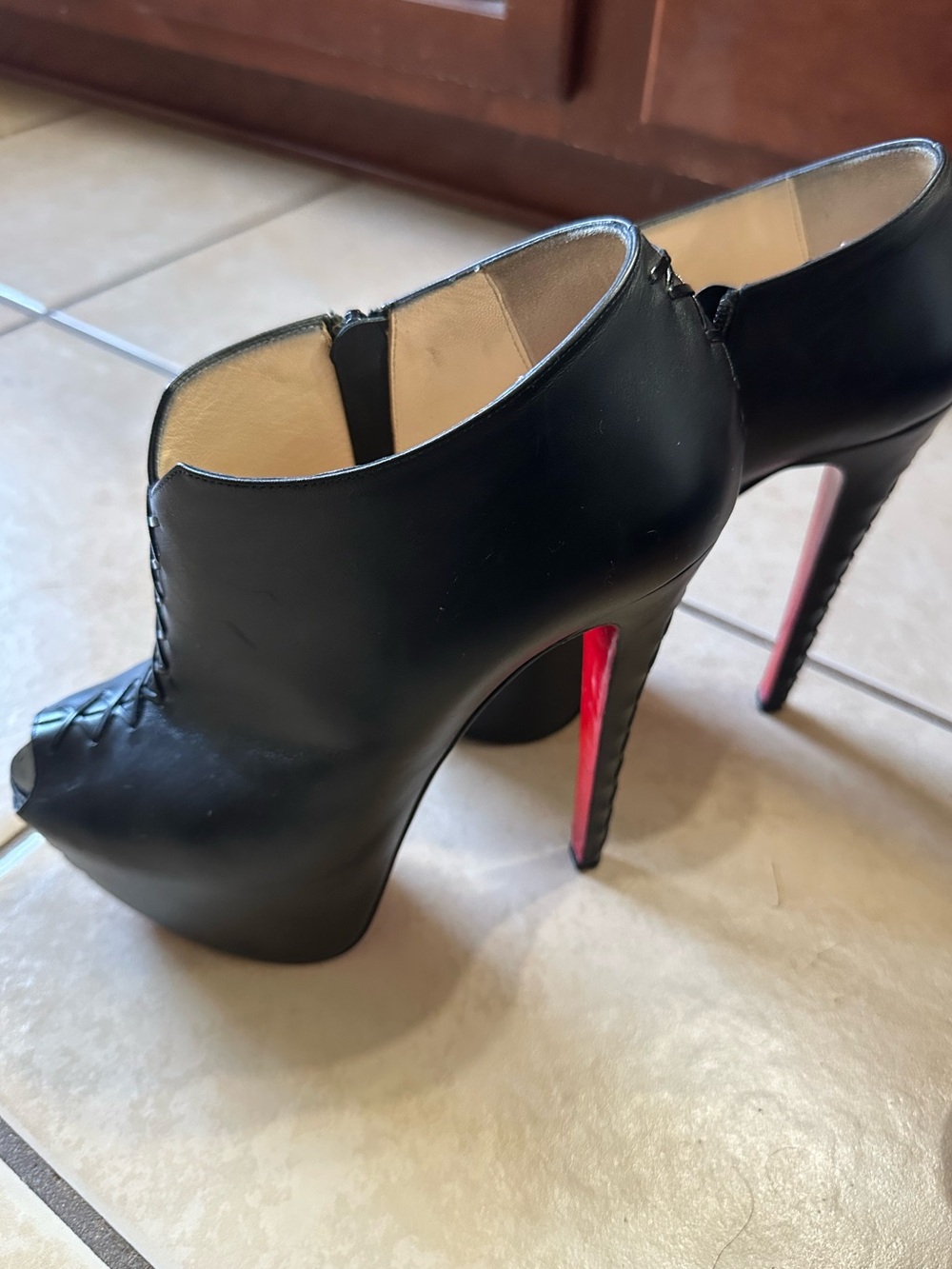 Black Peep-Toe High Heel Booties with Red Sole